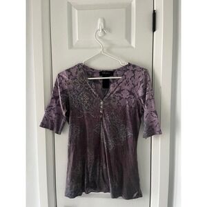 Style & Co Petite Purple Damask Rhinestone Henley Ribbed Top Womens Small Y2K